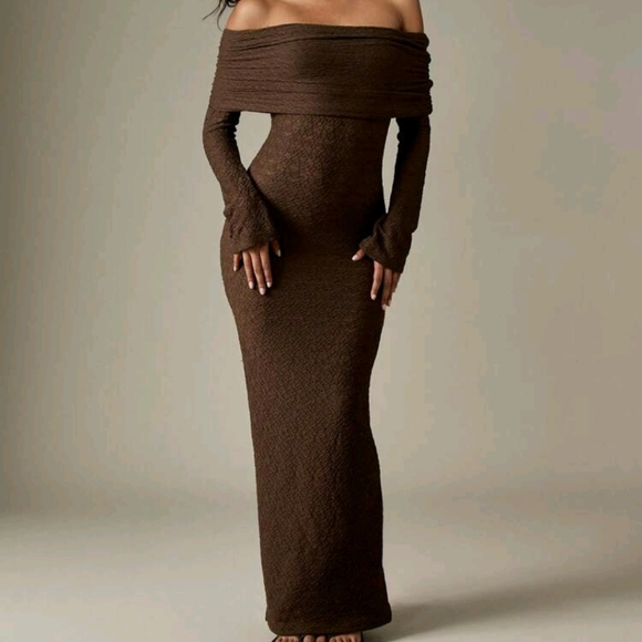 Dresses & Skirts - Off Shoulder Ruched Bodycon Evening Gown Long Sleeve Textured Knit Fall Dress